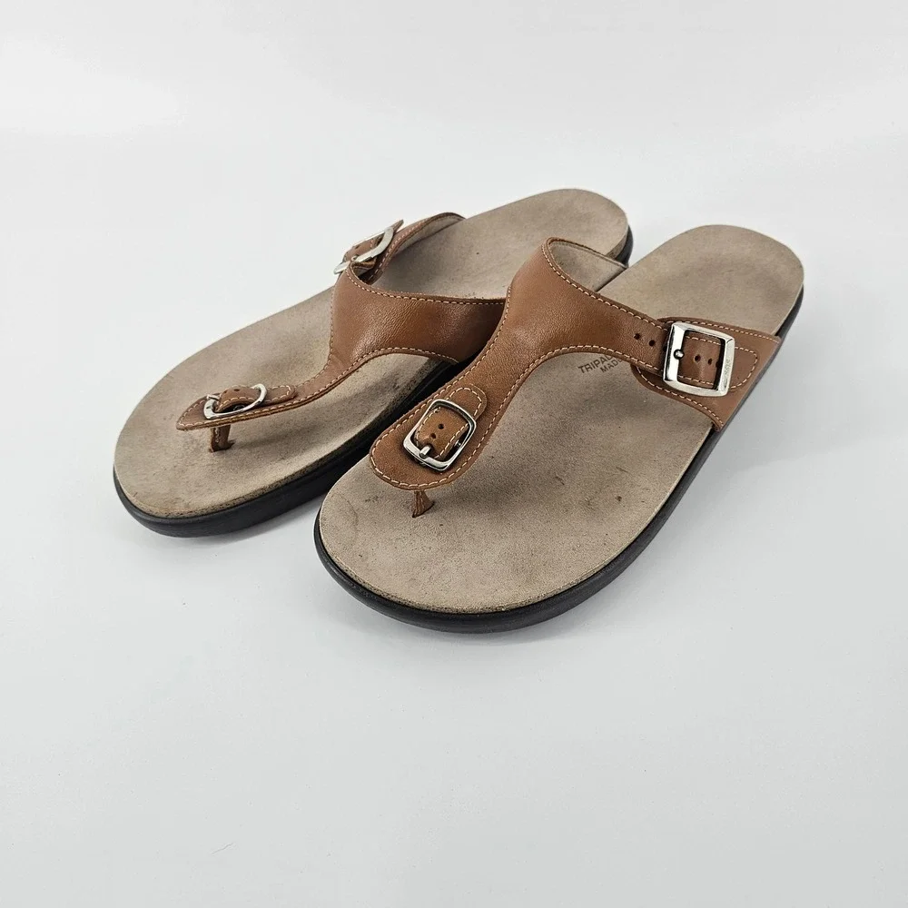 SAS Sanibel T-Strap Sandals 9.5 Brown Leather Buckle Tripad Comfort Granola